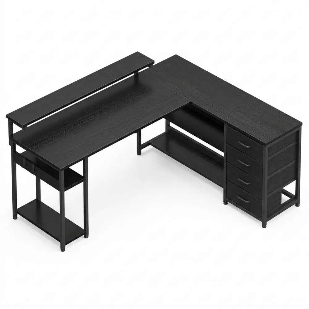 Eckschreibtisch mit LED und Stromanschlüssen, 155x110cm, schwarz