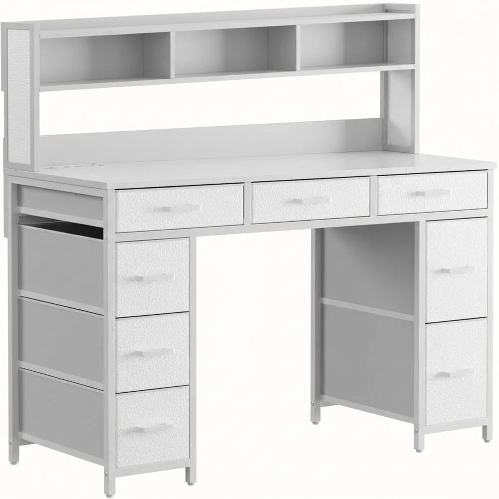 Moderner Schreibtisch mit Schubladen und LED, Bürotisch mit USB-Ladefunktion