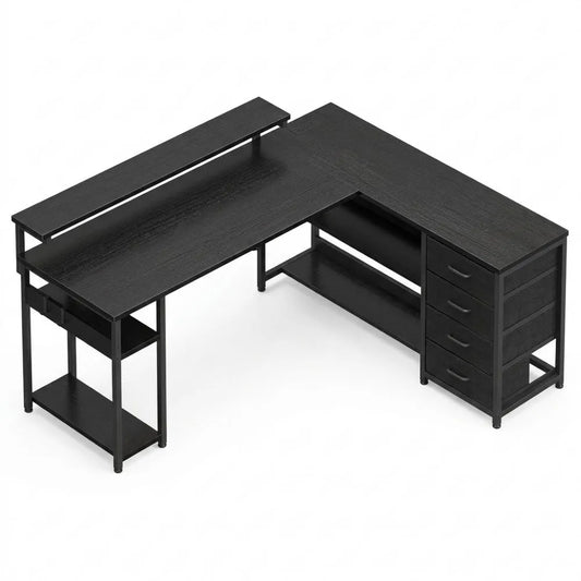 Eckschreibtisch mit LED und Stromanschlüssen, 155x110cm, schwarz