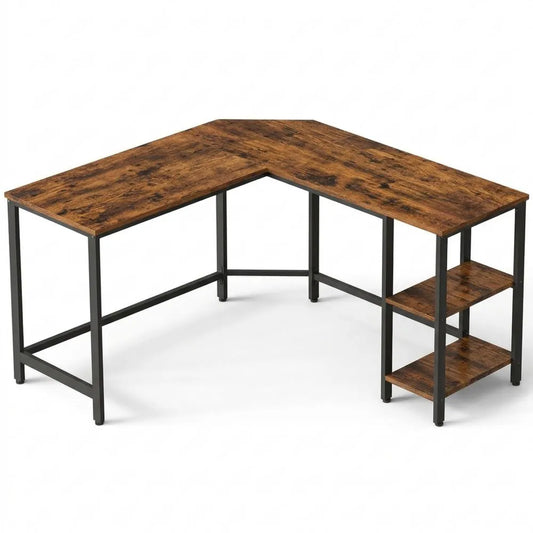 Eckschreibtisch L-förmig mit 2 Ablagen, platzsparend für Büro und Gaming, 138 x 138 x 76 cm, einfacher Aufbau, vintagebraun-schwarz